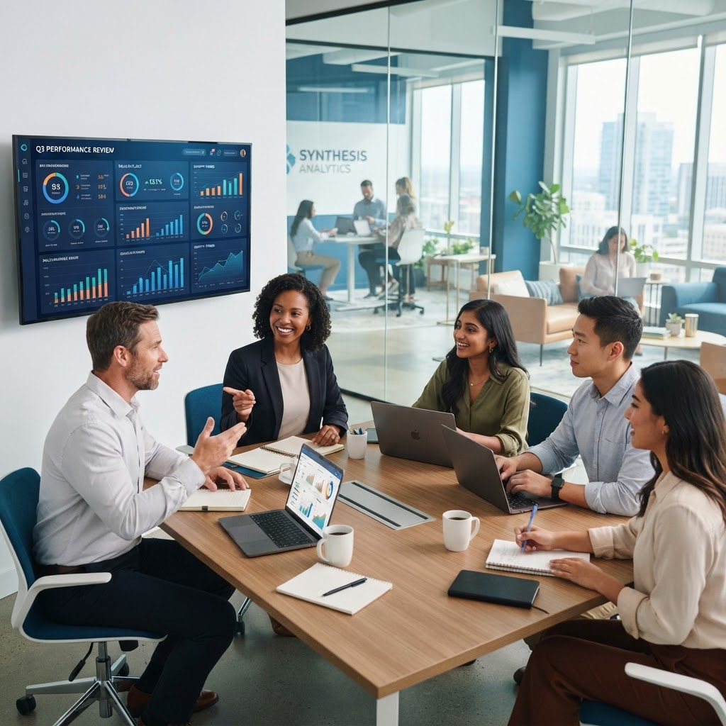 The FCR Bytes team collaborating on client projects in a modern office
